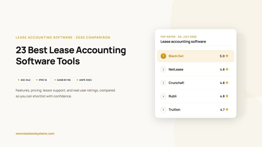 Best lease accounting software 2026 guide by Black Owl Systems, comparing tools for ASC 842, IFRS 16, GASB and ASPE 3065 compliance.